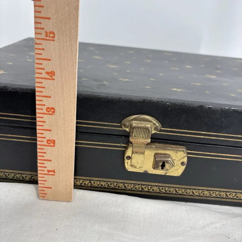 Vtg 2 Tier Jewelry Box Black Leathette Gold Stars Celestial 14x8.5